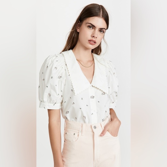 K1. Levi’s Royce Embroidered Floral White Large Collar Puff Sleeve Top Blouse - Picture 2 of 10